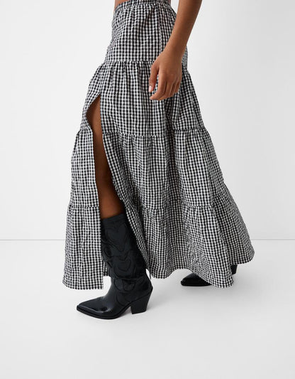 Gingham check midi skirt