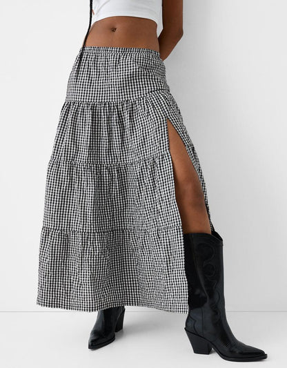 Gingham check midi skirt