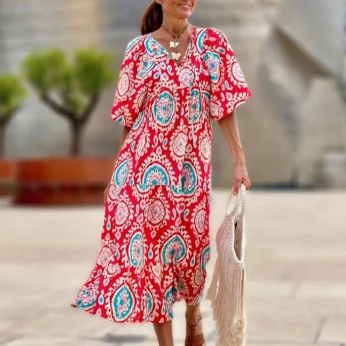 🎁LAST DAY SLAE-49% OFF🎁Boho Geometric Patchwork Puff Sleeve Dress