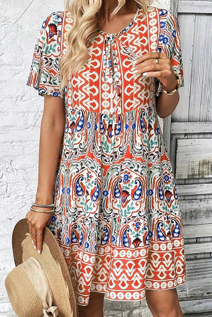 Bohemian Tie Neck Flounce Sleeve Ruffle Hem Mini Dress