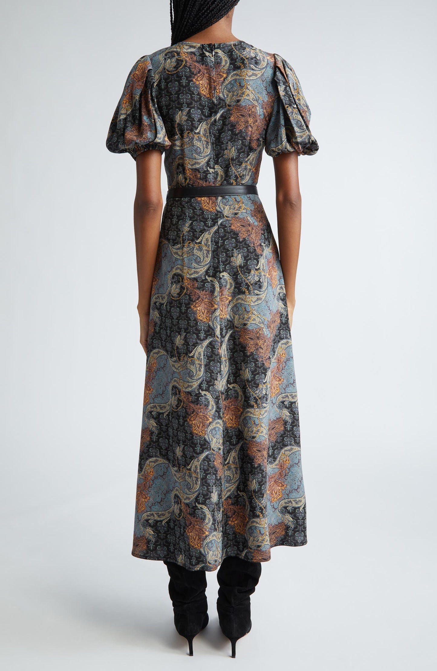 Printed Belted Bubble Sleeve Dress