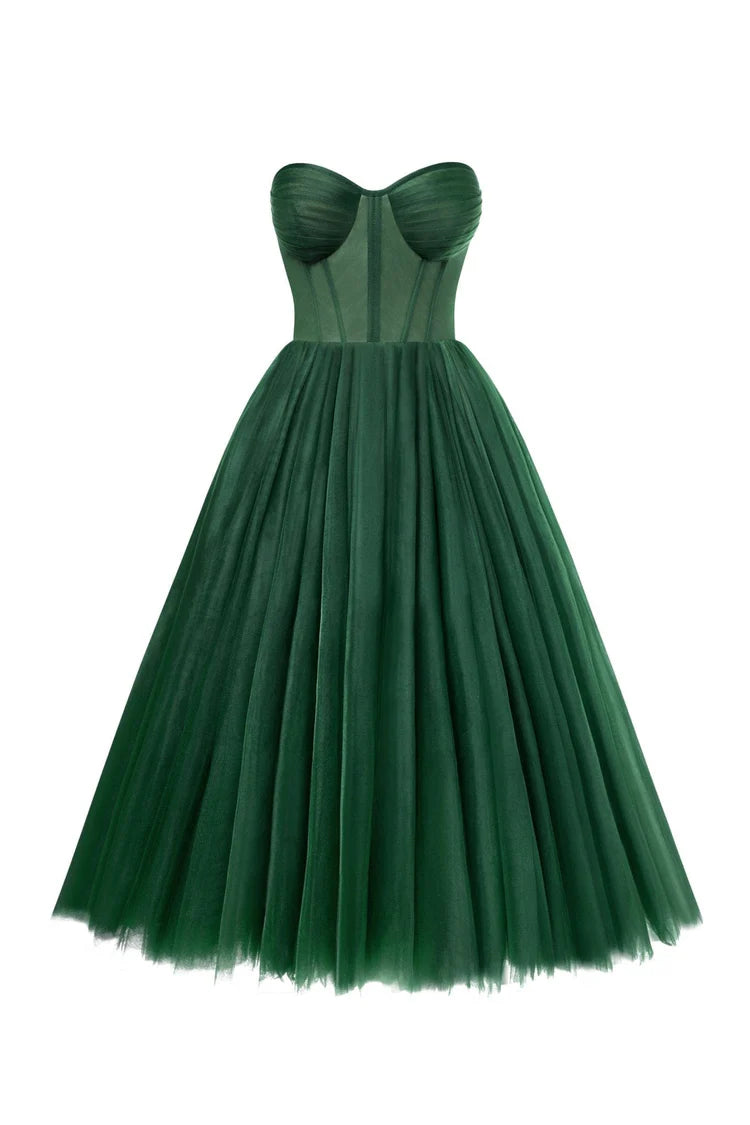 Strapless Puffy Midi Tulle Dress