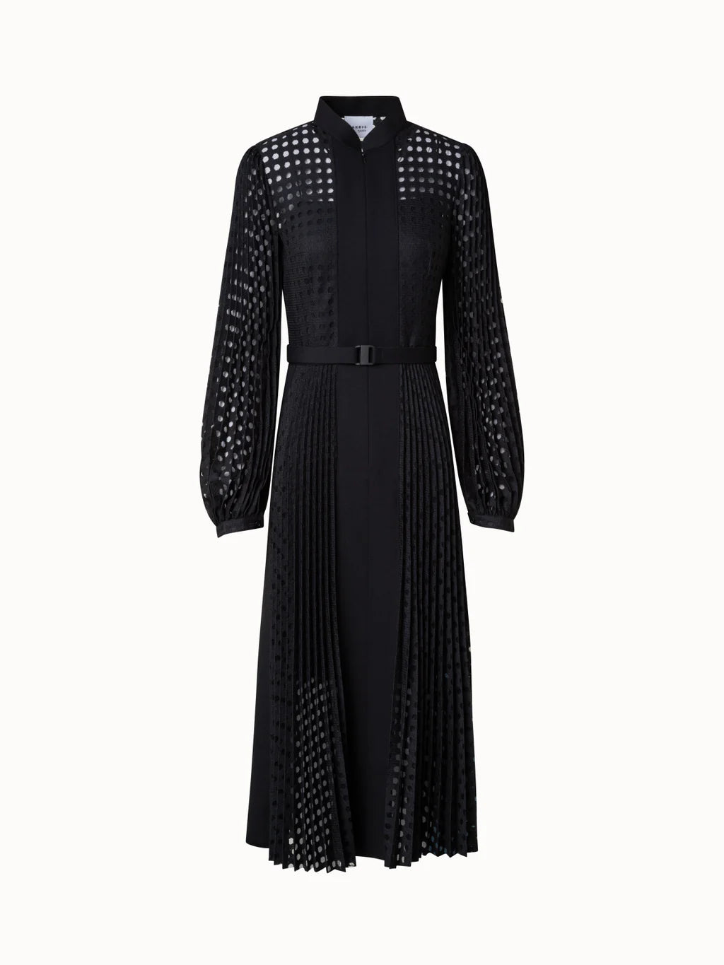 Round Check Pleated Long Sleeve Midi Dress