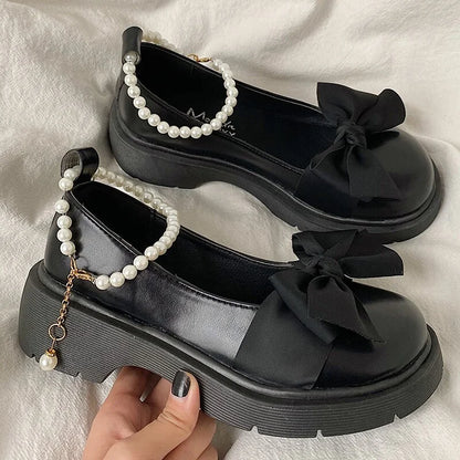 Wongn Pearl Strap Mary Janes Shoes for Women Autumn 2024 Thick Heels Platform Loafers Woman High Heels Cute Bowtie Lolita Shoes