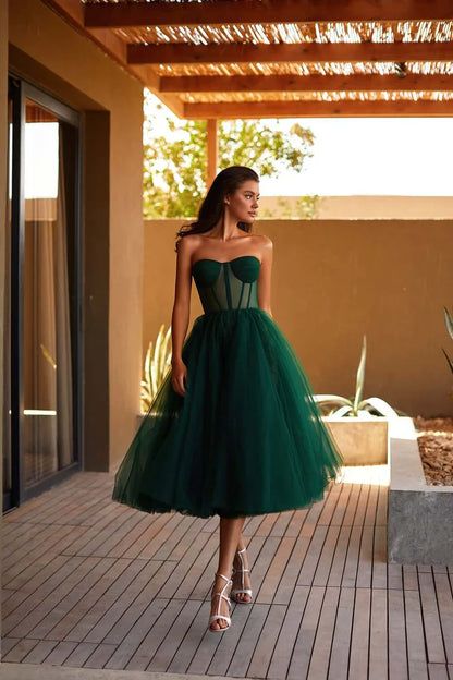 Strapless Puffy Midi Tulle Dress