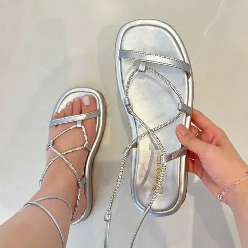 Rhinestone Cross-strap Platform Sandals