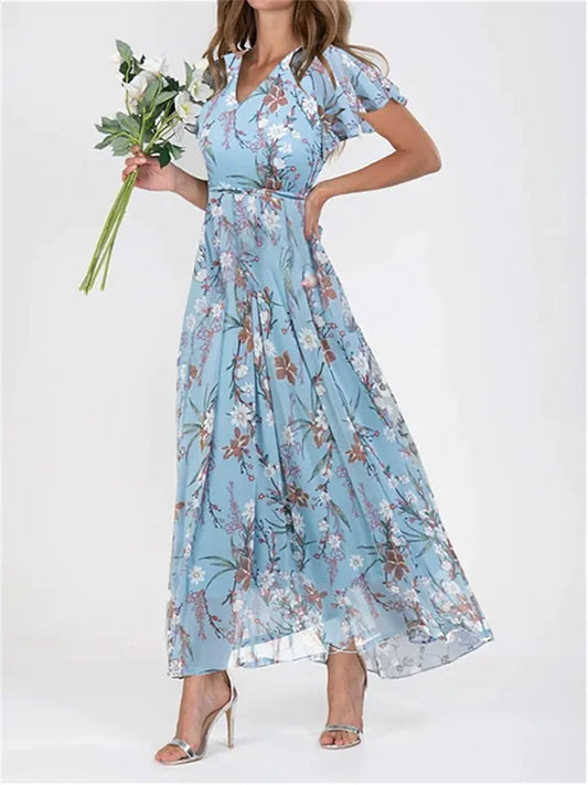 Temperament Pendler Neue Strand Swing Kleid Chiffon Floral Rüschen Ärmeln Kurzen ärmeln Rüschen V-ausschnitt Mode Taille Kleid