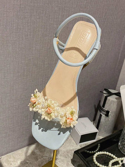 Women Fashionable Crystal Flower High Heeled Sandals, Multi-Way Wearing