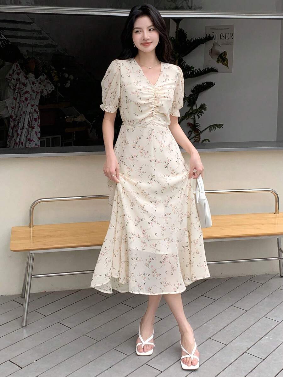 🎁LETZTER TAG SALE - 49% RABATT🎁 Lässiges Sommerkleid mit kurzen Blumenmuster, Puffärmeln und Bindegürtel