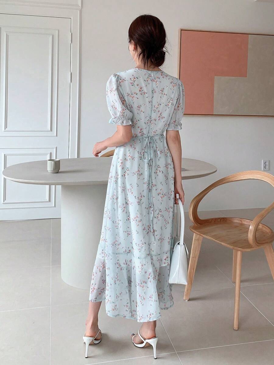 🎁LETZTER TAG SALE - 49% RABATT🎁 Lässiges Sommerkleid mit kurzen Blumenmuster, Puffärmeln und Bindegürtel