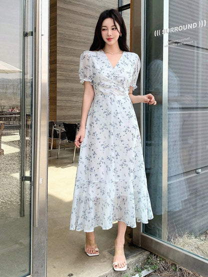 🎁LETZTER TAG SALE - 49% RABATT🎁 Lässiges Sommerkleid mit kurzen Blumenmuster, Puffärmeln und Bindegürtel