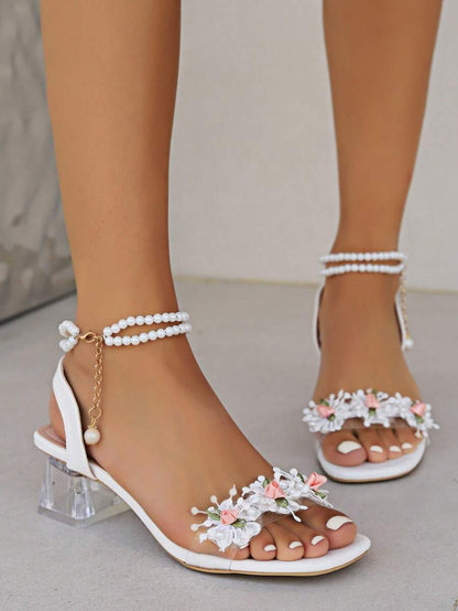 Women Fashionable Crystal Flower High Heeled Sandals, Multi-Way Wearing