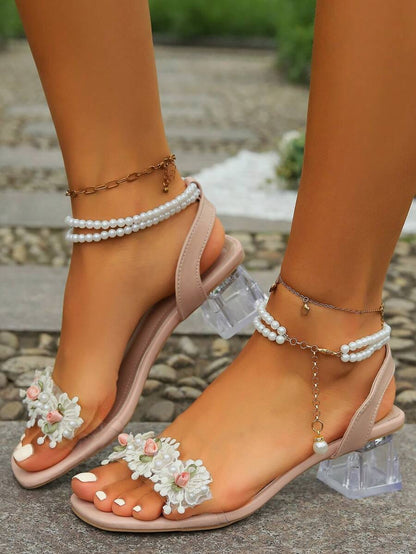 Women Fashionable Crystal Flower High Heeled Sandals, Multi-Way Wearing