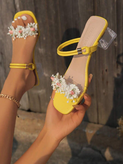 Women Fashionable Crystal Flower High Heeled Sandals, Multi-Way Wearing