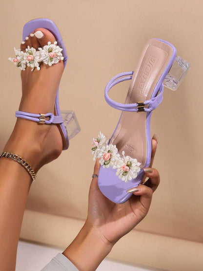 Women Fashionable Crystal Flower High Heeled Sandals, Multi-Way Wearing