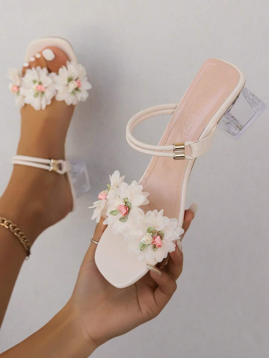 Women Fashionable Crystal Flower High Heeled Sandals, Multi-Way Wearing