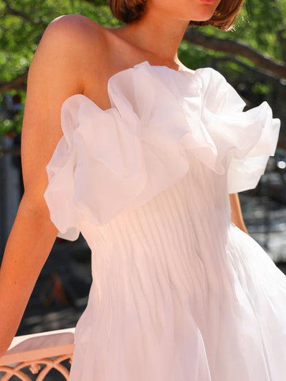 White Belted Strapless Dress