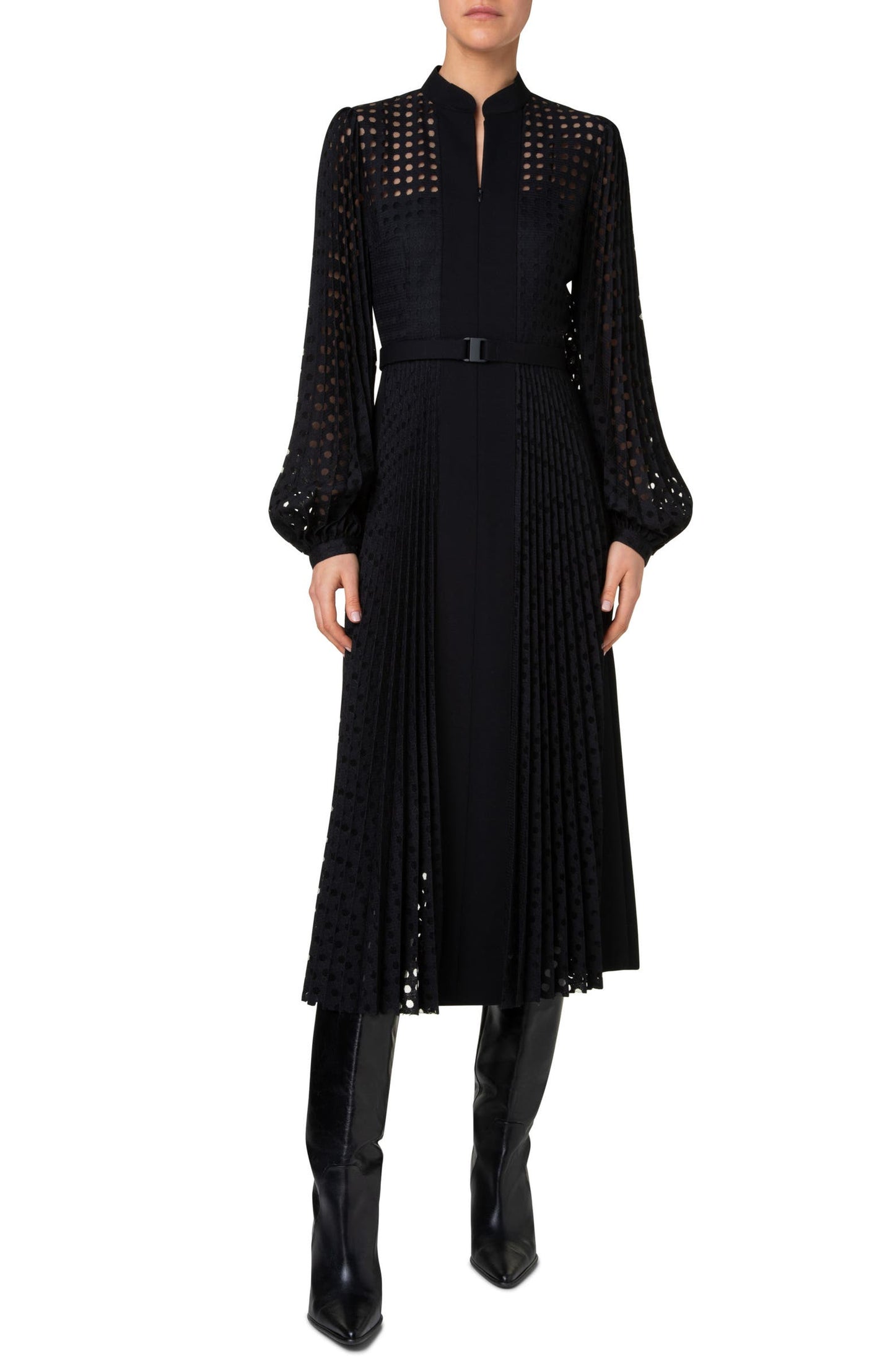 Round Check Pleated Long Sleeve Midi Dress