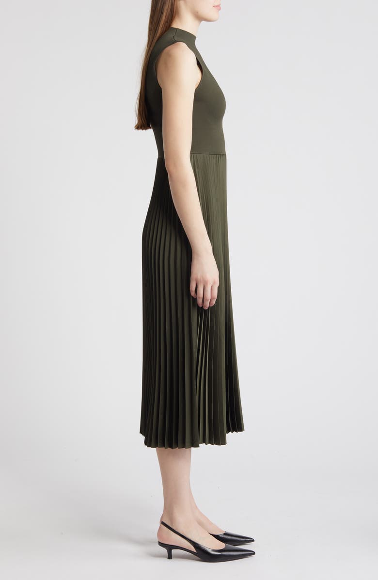 Pleated Sleeveless Mock Neck Midi Dress