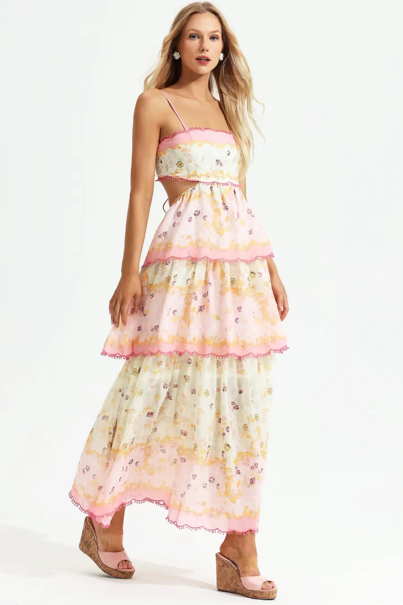 Floral Cami Tiered Ruffle Hem Backless Maxi Dress