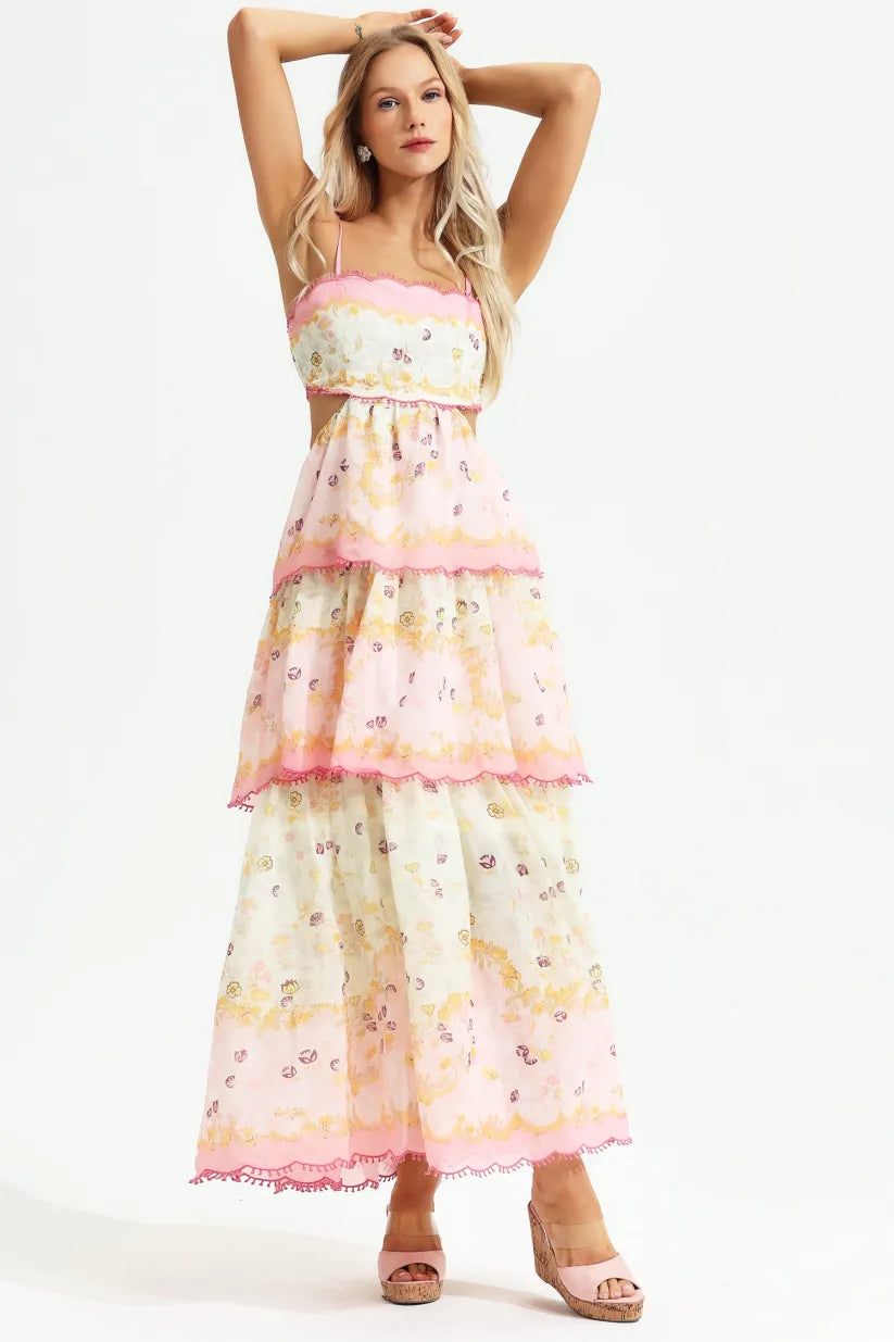 Floral Cami Tiered Ruffle Hem Backless Maxi Dress