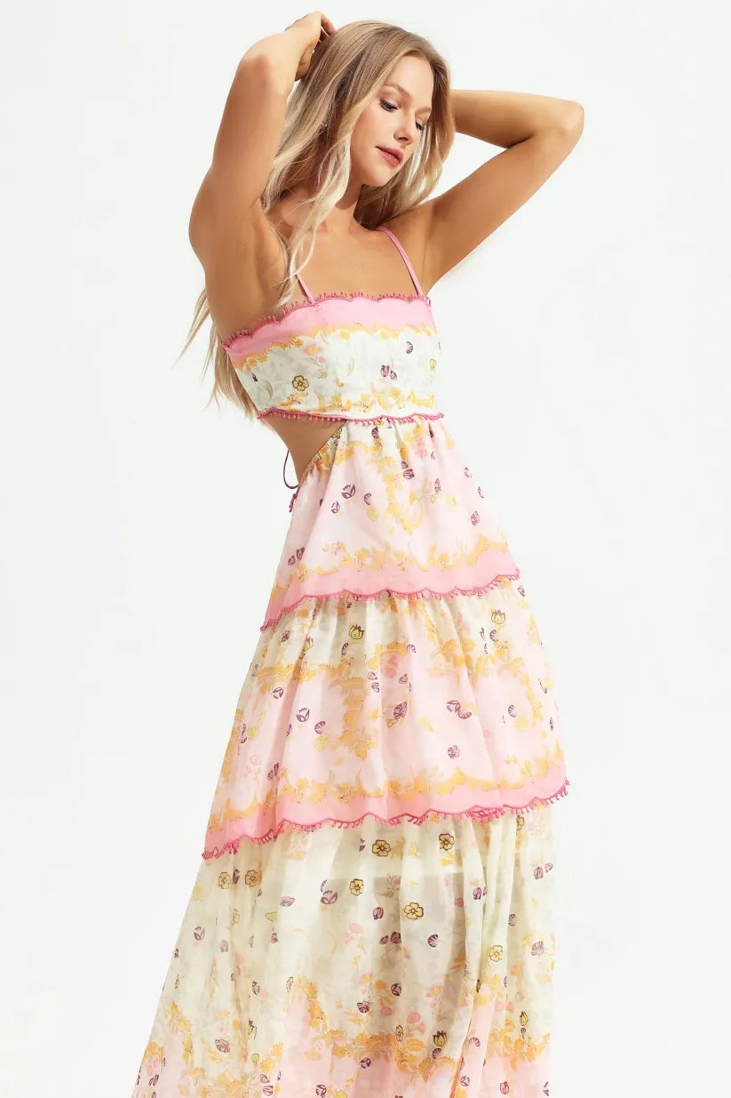 Floral Cami Tiered Ruffle Hem Backless Maxi Dress