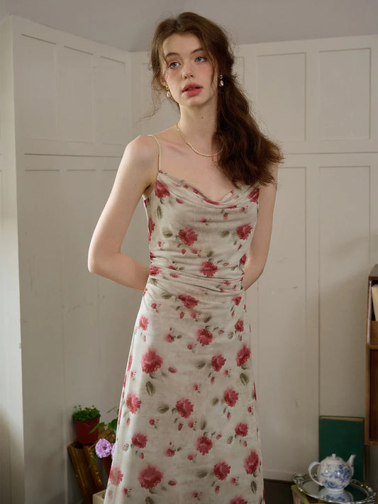 Romantic Rose Print Slim Fit Slip Dress