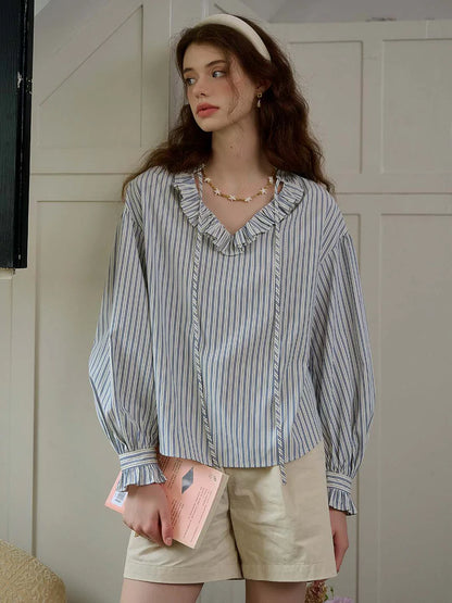 TRIMMED LACE-UP V-NECK STRIPED TRIMMED SLEEVES BLOUSE