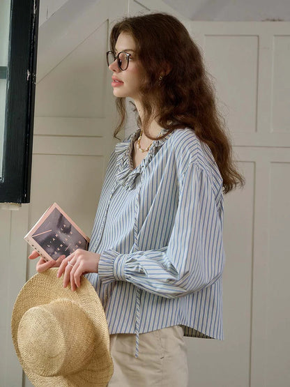 TRIMMED LACE-UP V-NECK STRIPED TRIMMED SLEEVES BLOUSE