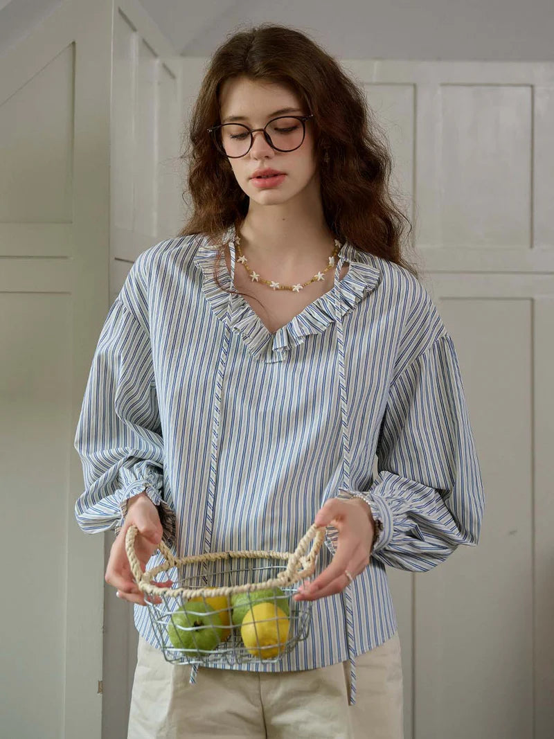 TRIMMED LACE-UP V-NECK STRIPED TRIMMED SLEEVES BLOUSE