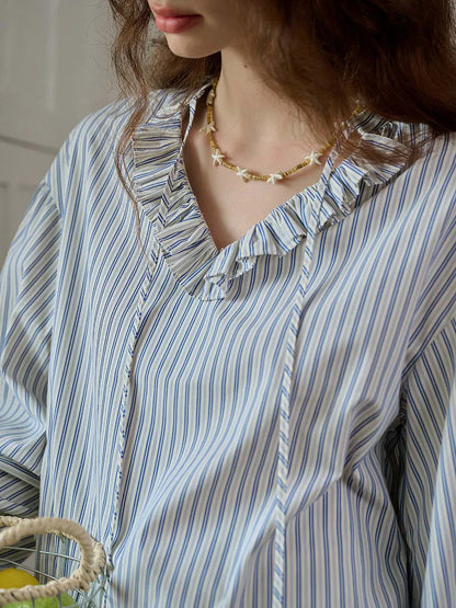 TRIMMED LACE-UP V-NECK STRIPED TRIMMED SLEEVES BLOUSE