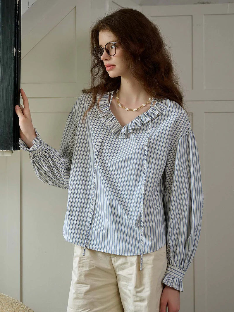 TRIMMED LACE-UP V-NECK STRIPED TRIMMED SLEEVES BLOUSE