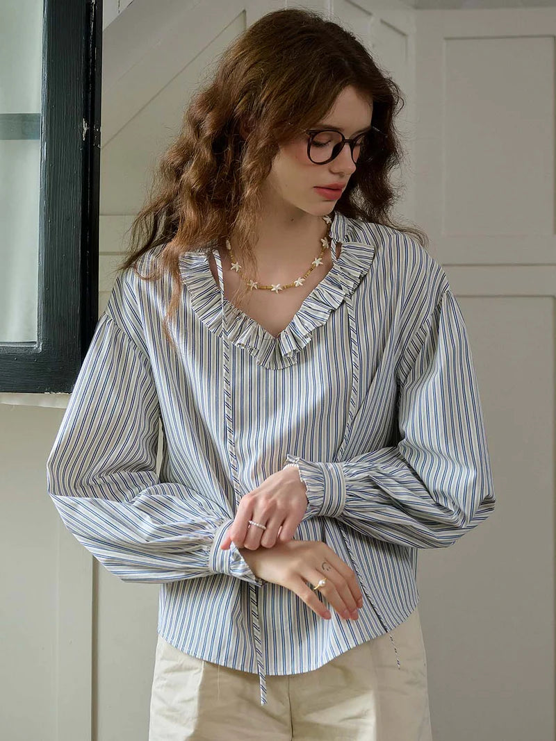 TRIMMED LACE-UP V-NECK STRIPED TRIMMED SLEEVES BLOUSE