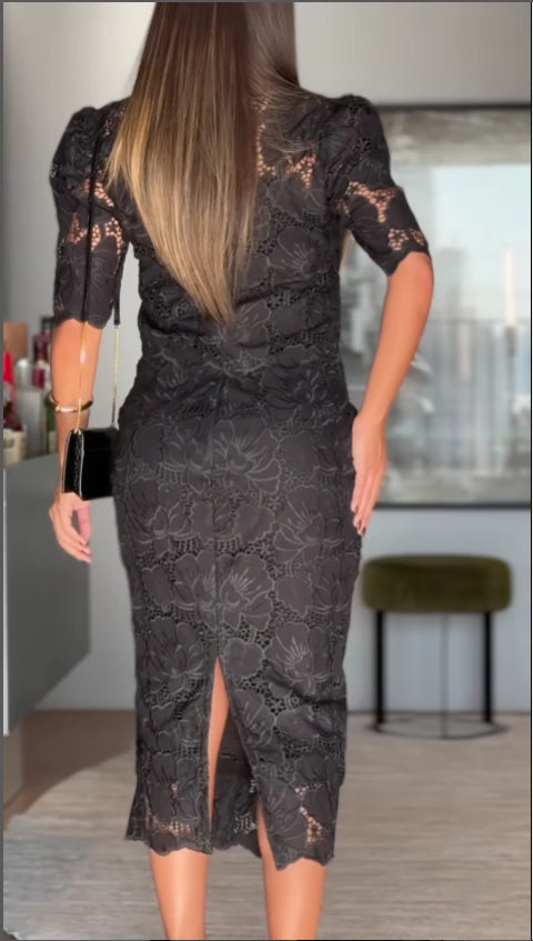 Black Lace Embroidered Cutout Dress