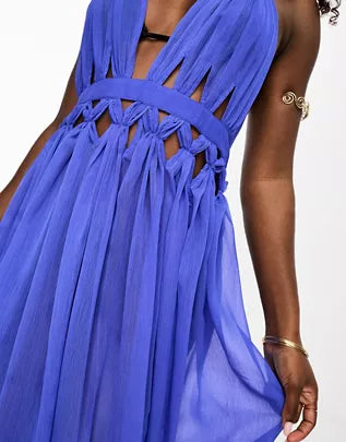 Sheer lattice maxi beach dress in cobalt blue