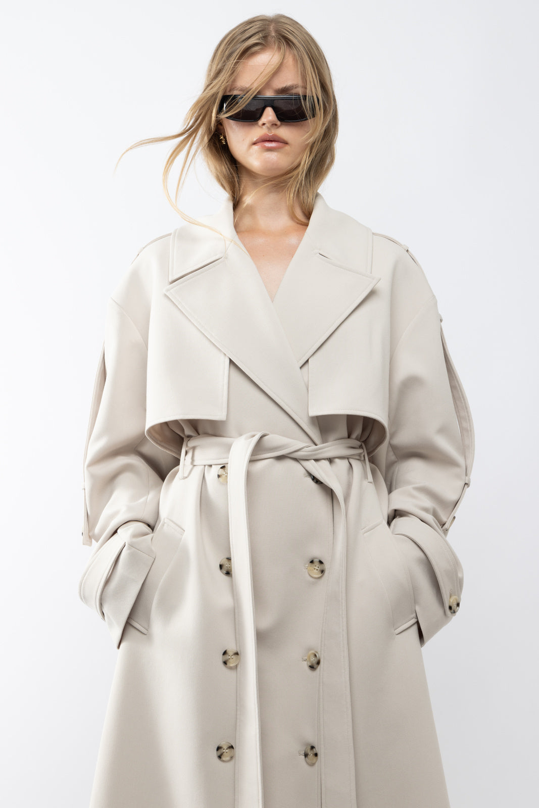 Women's Belted Pleated Long Trench Coat