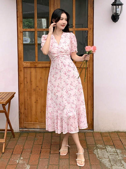 🎁LETZTER TAG SALE - 49% RABATT🎁 Lässiges Sommerkleid mit kurzen Blumenmuster, Puffärmeln und Bindegürtel