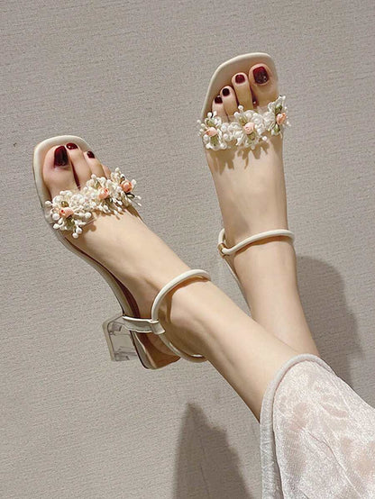 Women Fashionable Crystal Flower High Heeled Sandals, Multi-Way Wearing