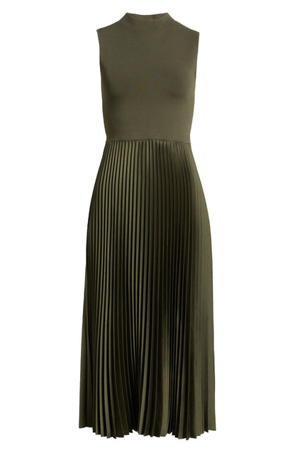 Pleated Sleeveless Mock Neck Midi Dress