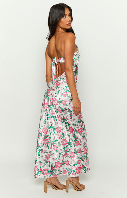 Strapless Floral Satin Midi Dress