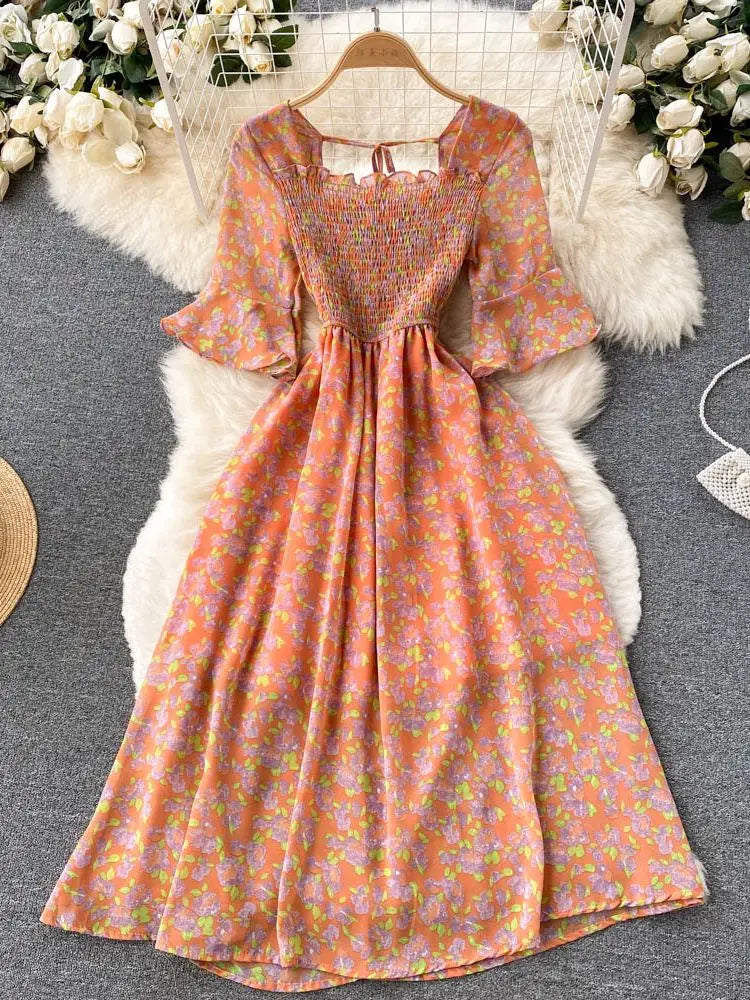 Summer Bohemian Printed Chiffon Dress  A-Line Ruffle Beach Vestidos Female New