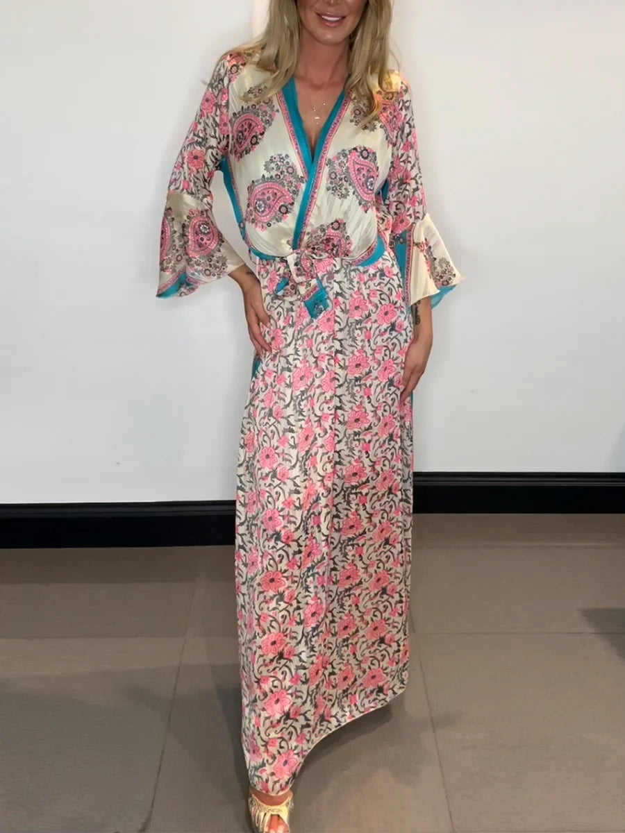 Vintage Floral Print Chiffon Maxi Dress