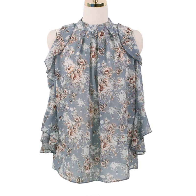 Frühling Sommer Neue Off-Schulter Pullover Floral Lose Bluse Frauen Kurzarm OL Chiffon Hemd Frauen Blusas Mujer De Moda