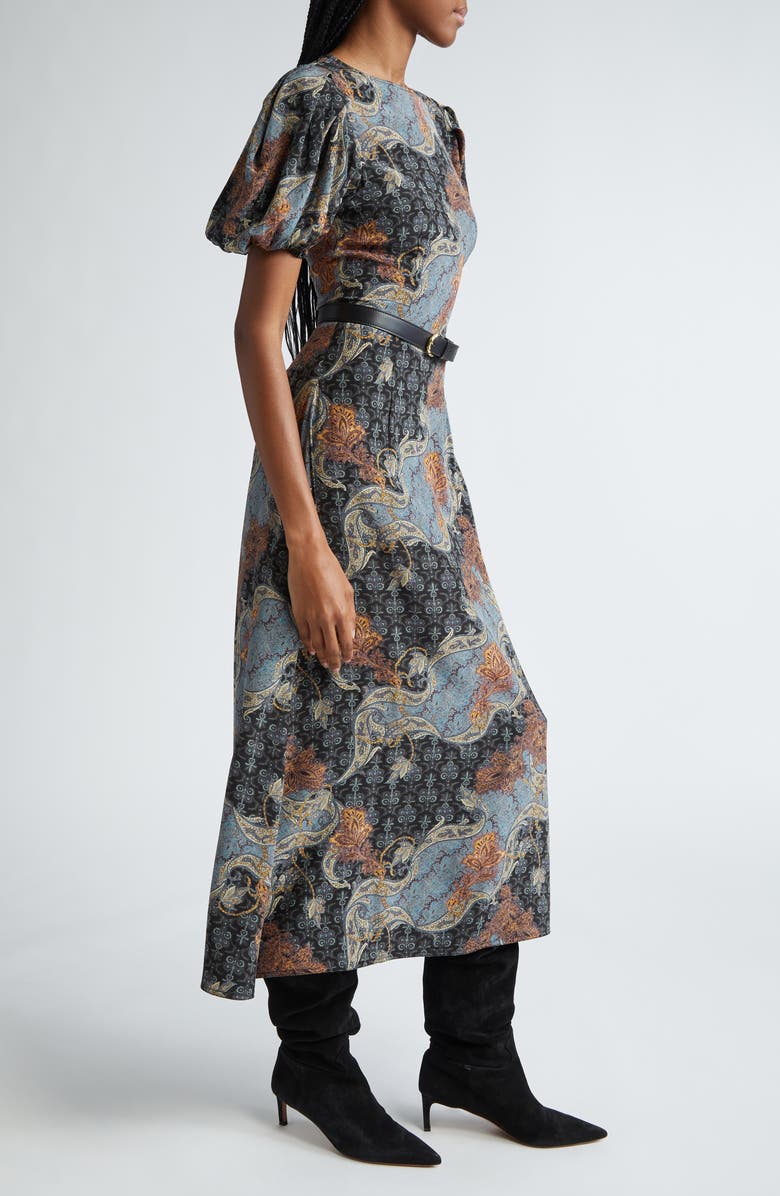 Printed Belted Bubble Sleeve Dress