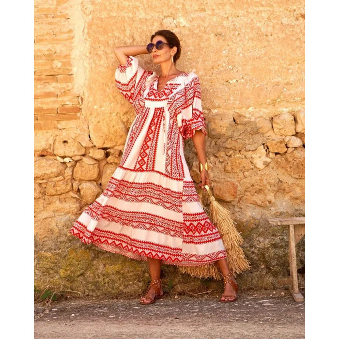 🎁LAST DAY SLAE-49% OFF🎁Boho Geometric Patchwork Puff Sleeve Dress