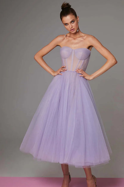 Strapless Puffy Midi Tulle Dress