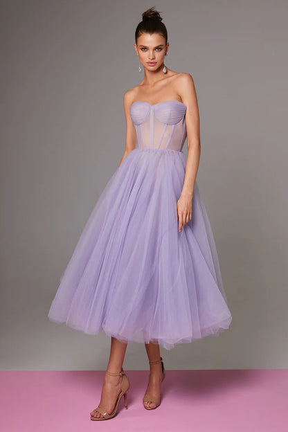 Strapless Puffy Midi Tulle Dress