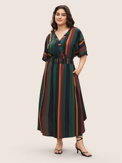 Striped Dolman Sleeve Pocket Shirred Flutter Wrap Dress