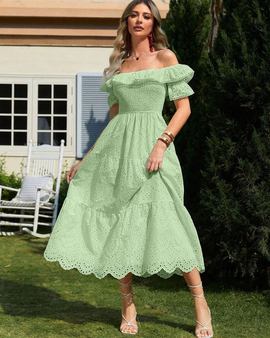 Simple Women's Embroidered Ruffes Off Shoulder High Waist Dress