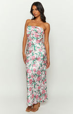 Strapless Floral Satin Midi Dress